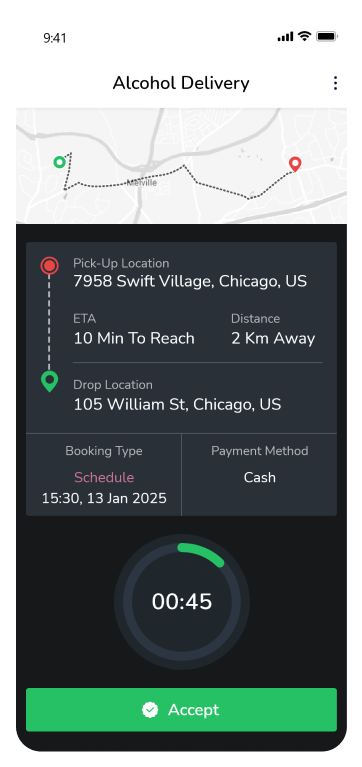 alcohol delivery driver dashboard