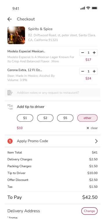 alcohol app payment details