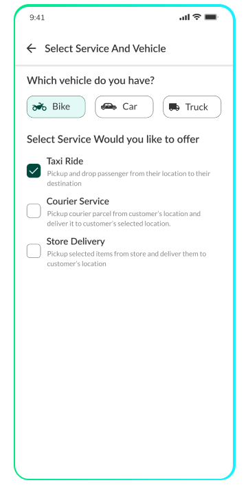 driver app - select service and vechile