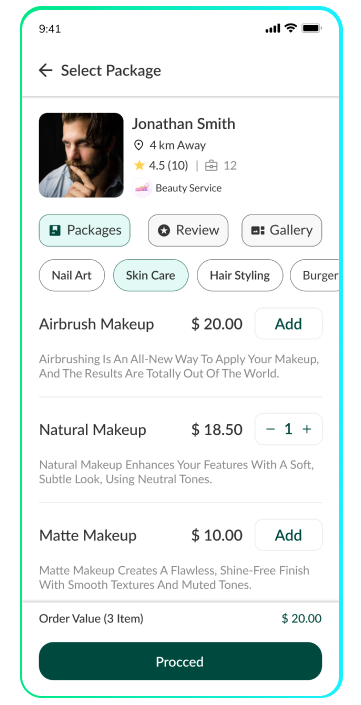 user app - select service package