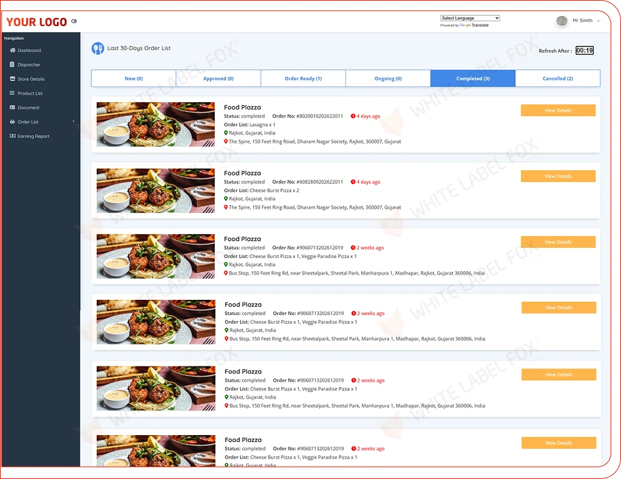 resturant webpanel features