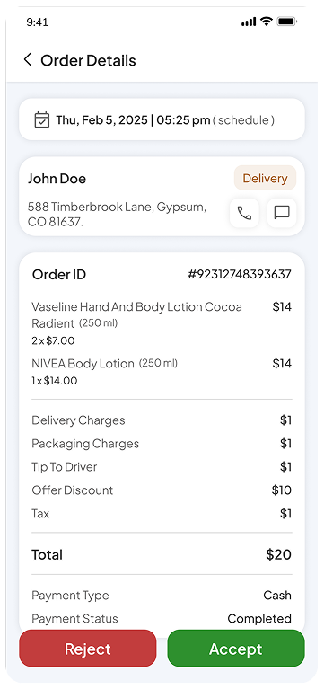 Order details screen