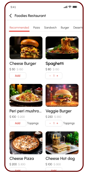 user app - menu litsting