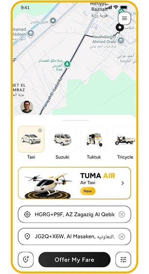 Tuma Go passenger screen for entering a custom fare before booking a ride