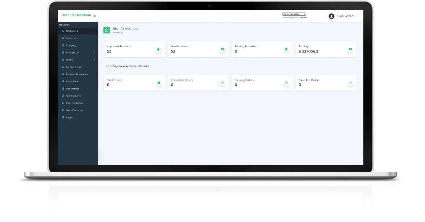 Uber for electrician admin panel